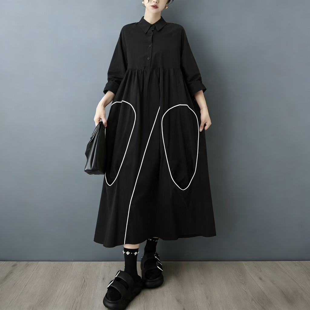 Korean Style A Line Shirt Dress - SuperAen, nuova collezione primavera/autunno: abito-camicia asimmetrico