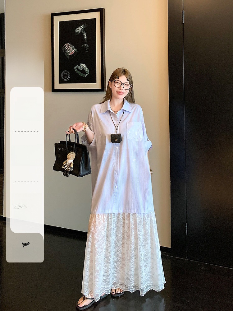 Korean Style A Line Shirt Dress - Abito chemisier in pizzo a trapezio