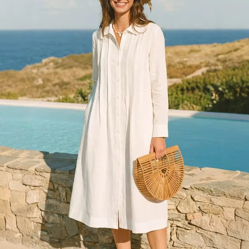 Abito Lungo Europeo in Tessuto - Casual Loose Linen Shirt Dress recensione e prezzo